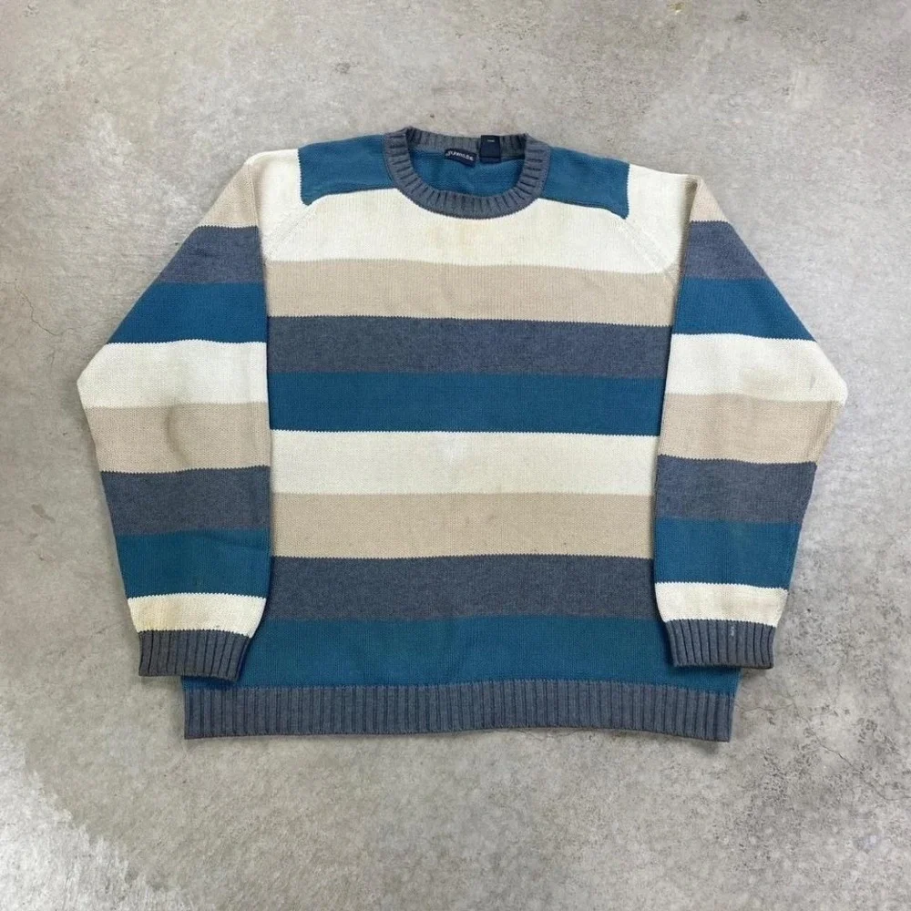 Vintage 90s St Johns Bay Sweater Size XL Blue Gray Striped Knit Pullover Boho
